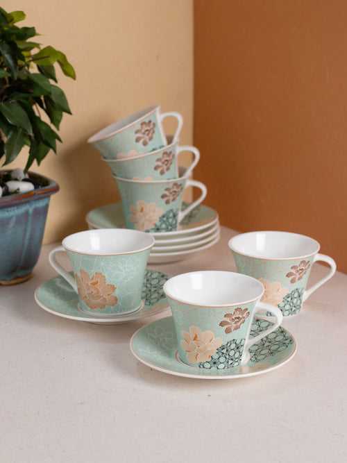 JCPL Gorge Gardenia Cup & Saucer, 210ml, Set of 12 (6 Cups + 6 Saucers) (GS309)