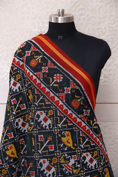 Semi double ikat dupatta in traditional Narikunj design with Red and Black colour