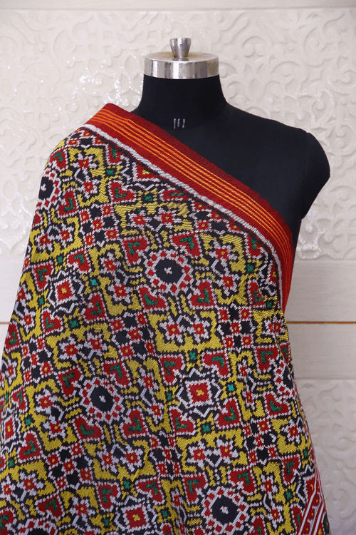 semi double ikat dupatta in Yellow and red colour with traditional Navratna and Manekchowk design
