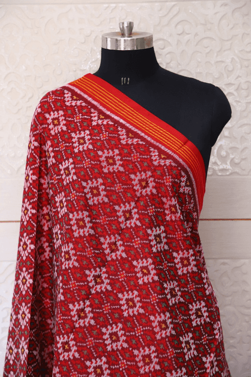 Semi double ikat dupatta in Red colour with fancy design