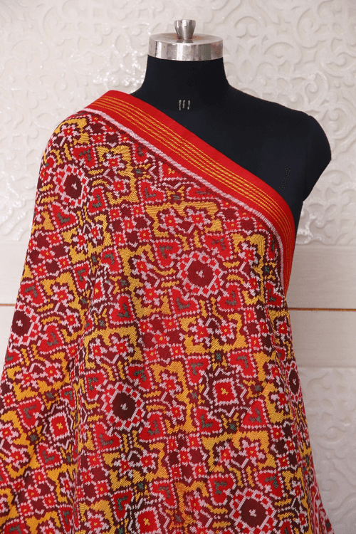 Semi double ikat dupatta in Yellow and Red colour with traditional Navratna and Manekchowk mix design