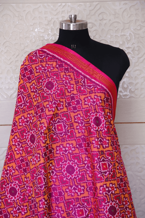 Semi double ikat dupatta in Pink and YEllow colour with traditional Navratna and Manekchowk design