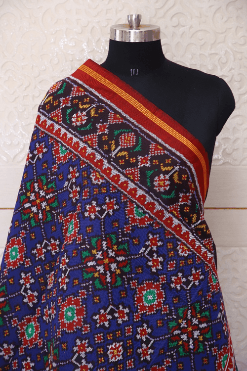 Semi double ikat dupatta in Red and Blue colour with traditional manekchowk design