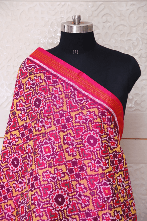 Semi double ikat dupatta in Pink and Yellow colour with traditaional navratna and Manekchowk mix design
