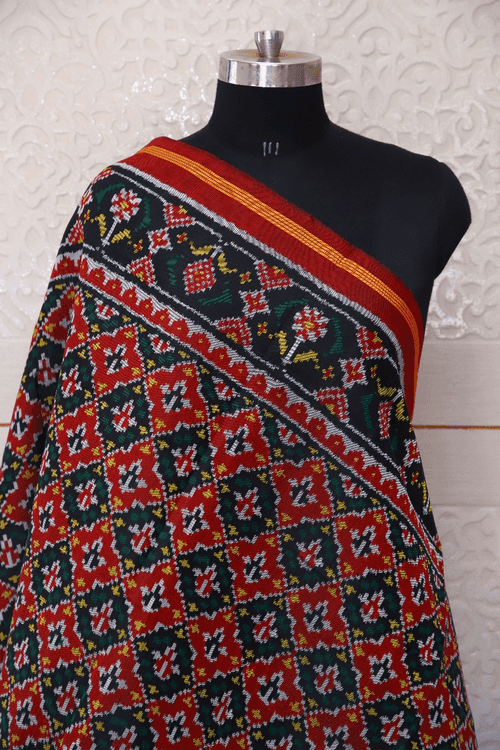 Semi double ikat dupatta in Red and Black colour with traditional Buttonfull design