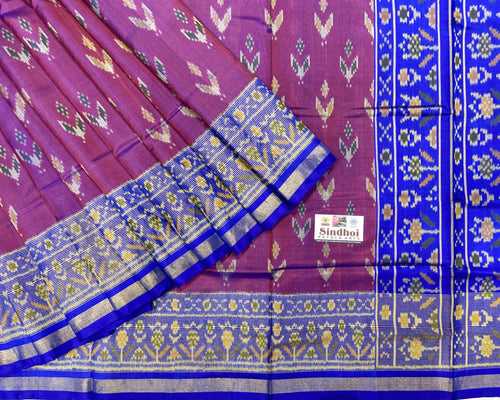 Magenta and blue leaf Design pallu Patola saree