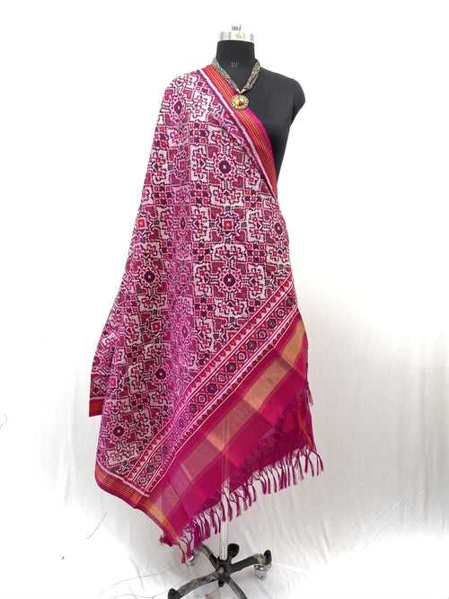 Semi double Ikat Dupatta in traditional Navratna Manekchowk mix design in white and pink colour