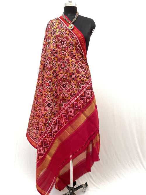 Semi double Ikat Dupatta with Traditional Manekchowk and Navratna mix design in Red and Yellow combination