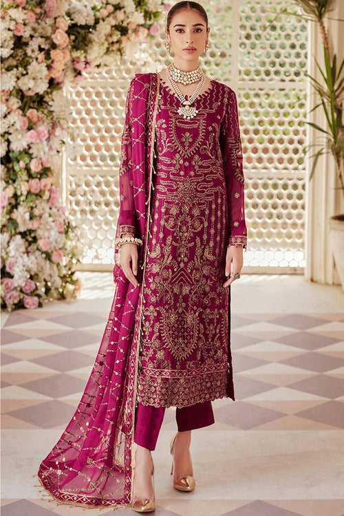Dark Pink Pakistani Salwar Kameez In Golden Embroidery With Good Looking Dupatta