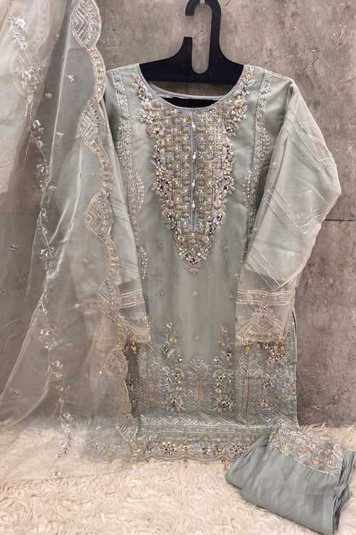 Grey Ready To Wear Heavy Organza Pakistani Tunic Style With Lovely Dupatta Work