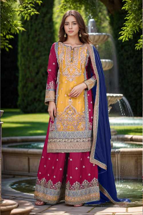 Luxury Yellow Party Wear Pakistani Palazzo Salwar Kameez With Contrast Heavy Work Dupatta