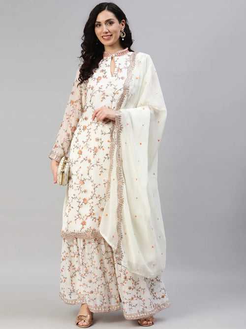 New Off White Sharara Suit With Multicolor Heavy Work Top And Plazzo