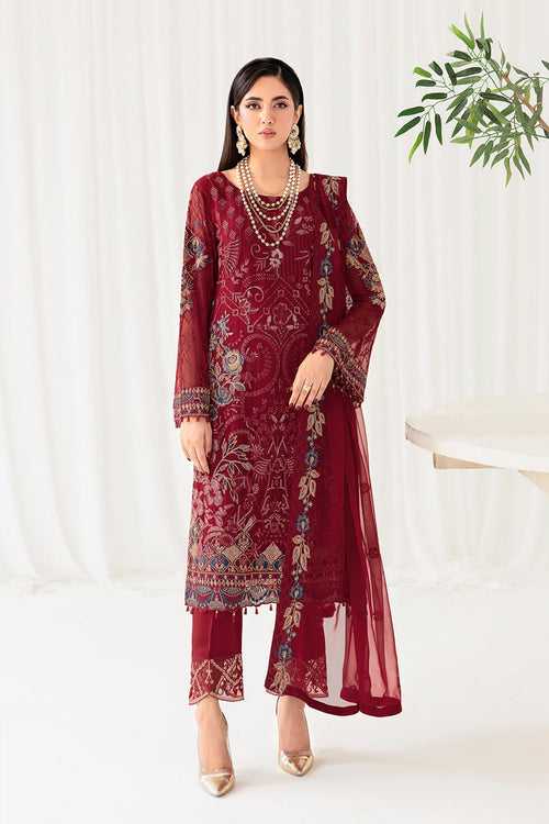 Pakistani Salwar Kameez Moti Work Cherry Color With Heavy Dupatta Work