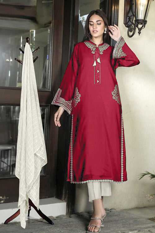 Pakistani Salwar Kameez Ready To Wear Cherry With Contrast Dupatta