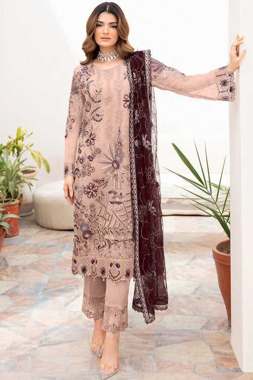 Peach Embroidered Georgette Pakistani Salwar Kameez With Attractive Contrast Dupatta