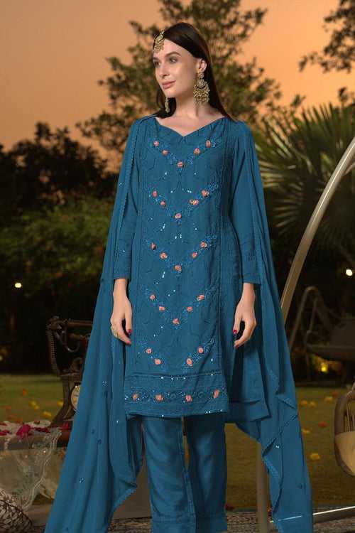 Rama Blue Color Heavy Handwork Pakistani Style Salwar Suit