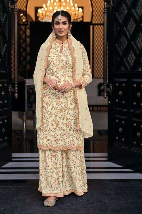 Off White Sharara Suit With Multicolor Heavy Work Top And Plazo