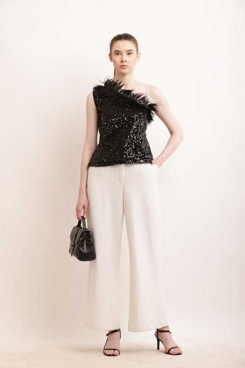 "Midnight Glamour Feathered Sequin Top