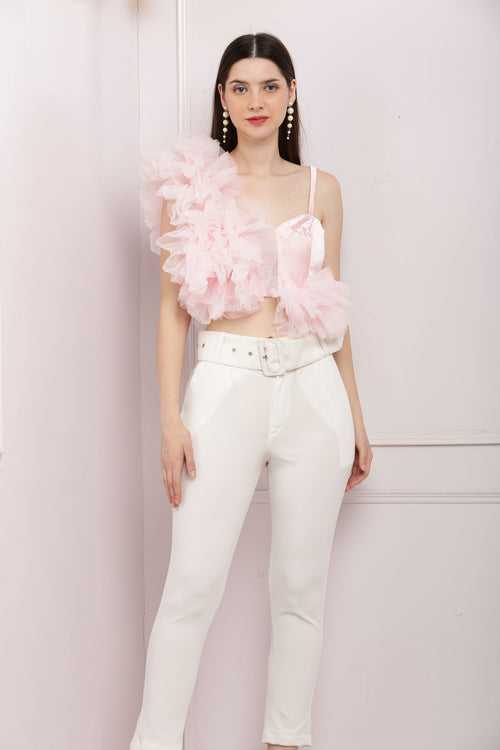 Hot Crop Ruffled Tulle Top- Baby Pink