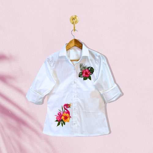Floral Flamingo Bliss Hand-Painted Cotton Shirt