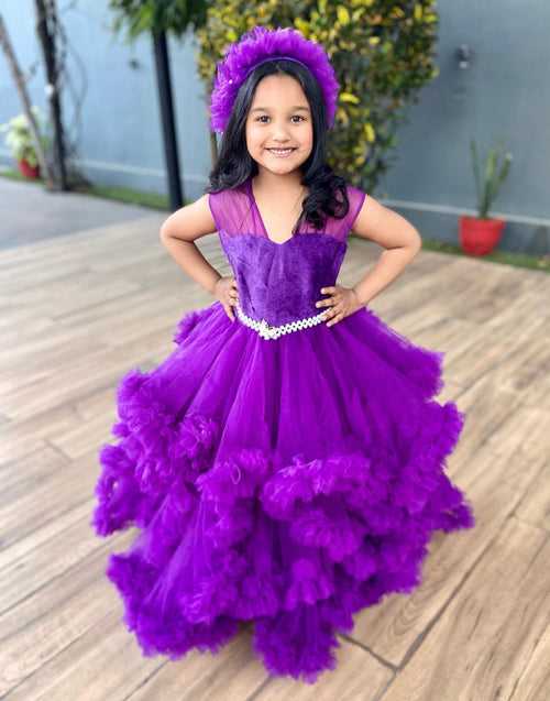 Baby Girl V-Neck High-Low Mesh Dress - Purple