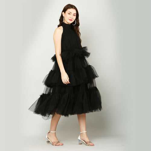 Flirty Halter Neckline Black Midi Dress