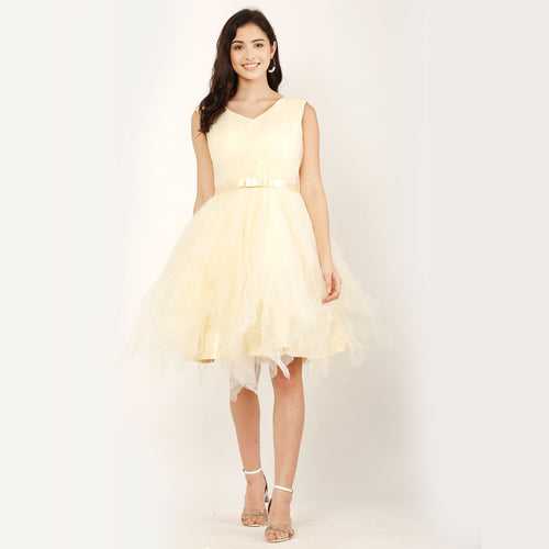 V- Neckline Tulle Party Wear Dress – Cream