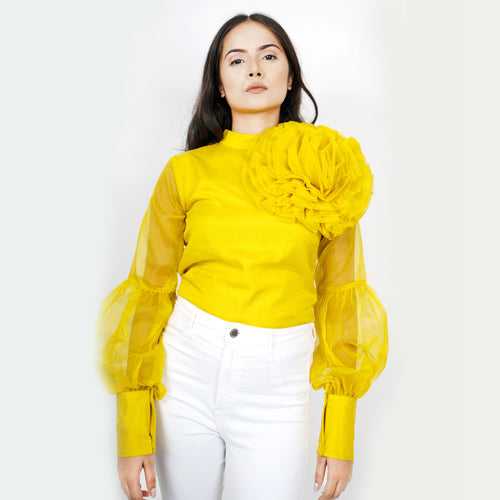 Organza Top With Puff Sleeves Flower Design- Grass Yellow