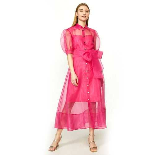 Organza Puff Sleeve Belted Long Maxi Dress - Pink