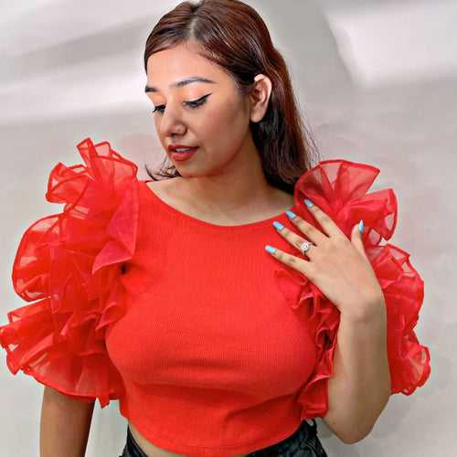 Ribbed Organza Step Ruffle Sleeves Top - Carrot Color