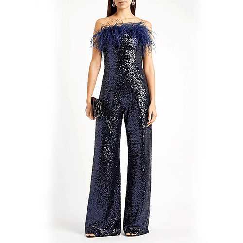 Stylish Feather Sequins Jumpsuit - Blue