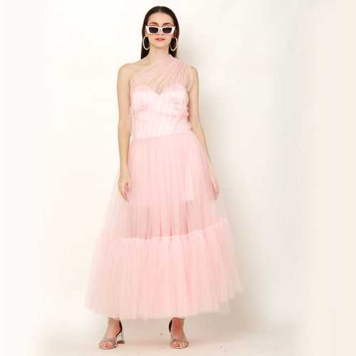 Sweetheart Neckline Tulle  A-Line Party Wear Maxi Dress – Baby Pink