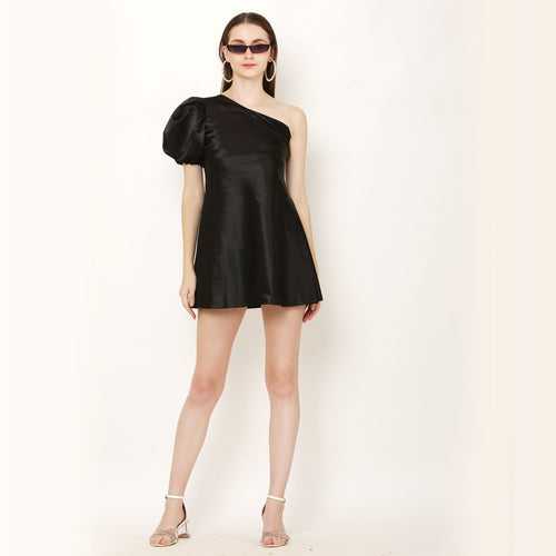 Classy Asymmetrical One Shoulder Short Dress – Black