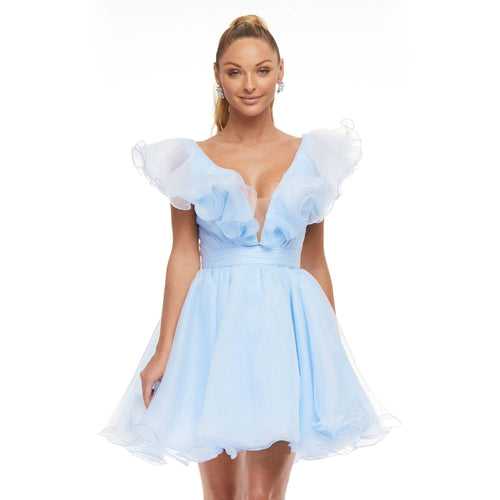 Flirty Ruffle Neckline Short Organza Dress – Sky Blue
