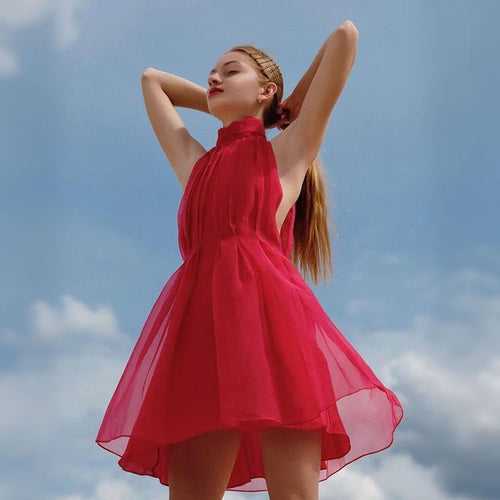 Pretty High Neckline Knot Mini Dress – Pink