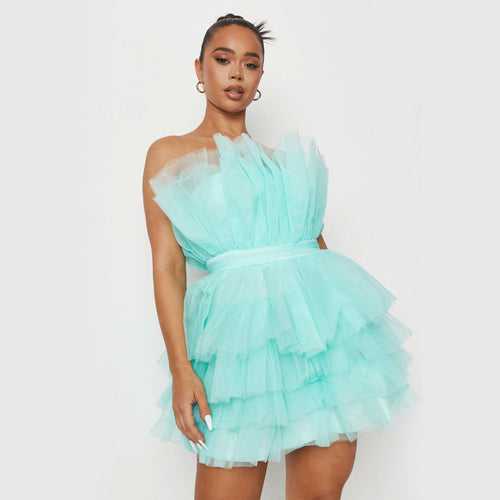Tulle Off-Shoulder Short Dress – Blue