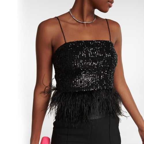 Sequin Strap Feather Top - Black