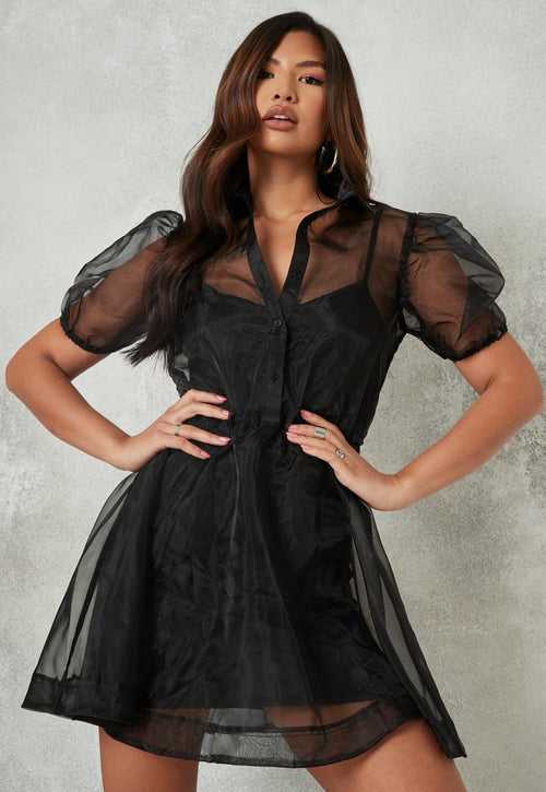 Chic Front Button Shirt Dress – Black
