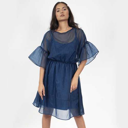 Round Neckline Organza Dress – Blue