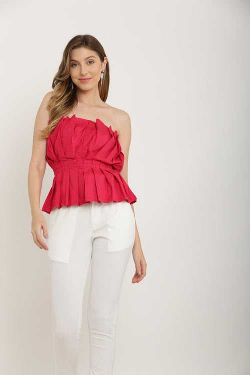 Fluffy Pleated Off Shoulder Tube Top - Pink