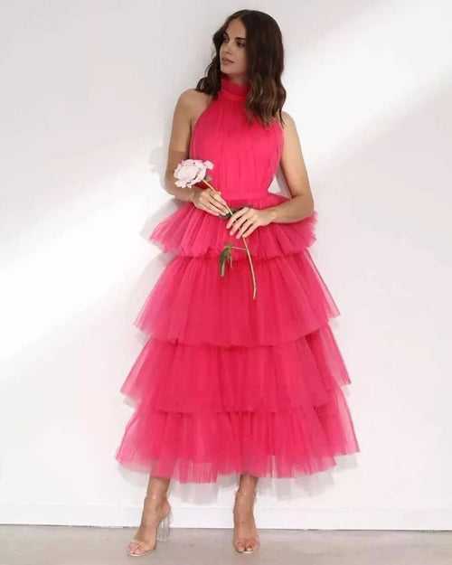Ruffle Layered Tulle Hem Haltered A-line Party Dress