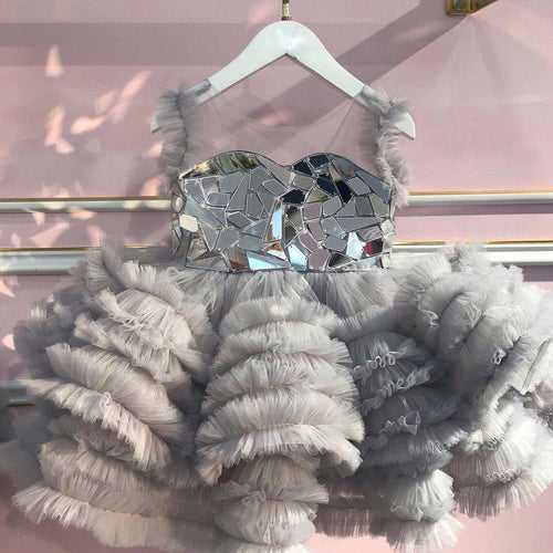 Mirror Embellished Tulle Dress - Grey