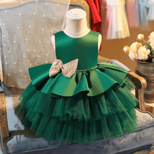 My First Birthday Satin & Tulle Dress With Glitter Bow