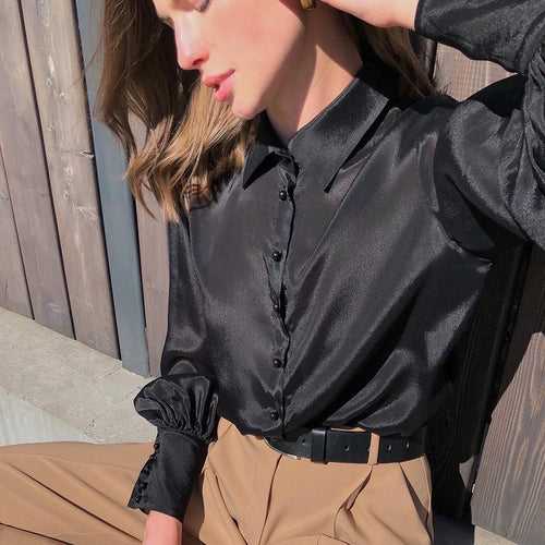 Women Satin Puff Sleeves Shirt - Black