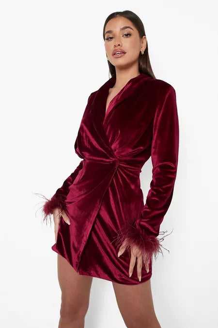 Velvet Feather Trim Wrap Blazer Party Wear Dress - Maroon