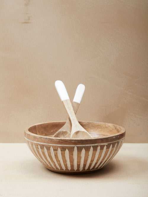 Striped Wood Salad Bowl with Spoons