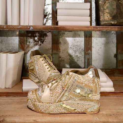 POPPY- Gold Bridal Sneaker Platform Wedges | Tiesta Shoes