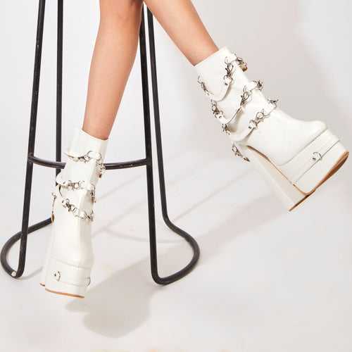 Bravo (Boots Platform Blocks ,  White Boots Ankle Length)