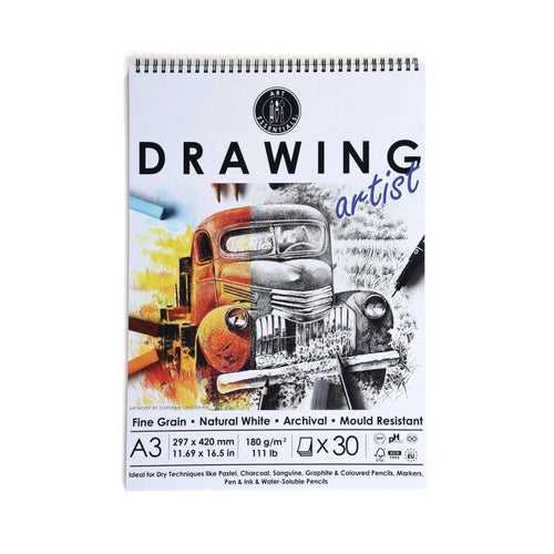 Art Essentials Artist Drawing Paper Natural White Fine Grain 180GSM,30SHT - Spiral Pad