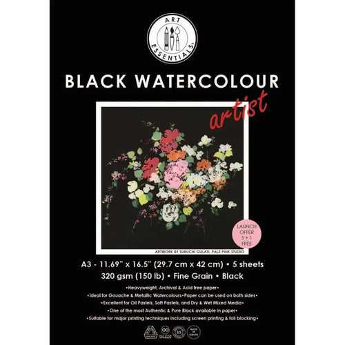 Art Essentials Black Watercolour Artist Paper Fine Grain 320GSM - Poly Pack(Loose)
